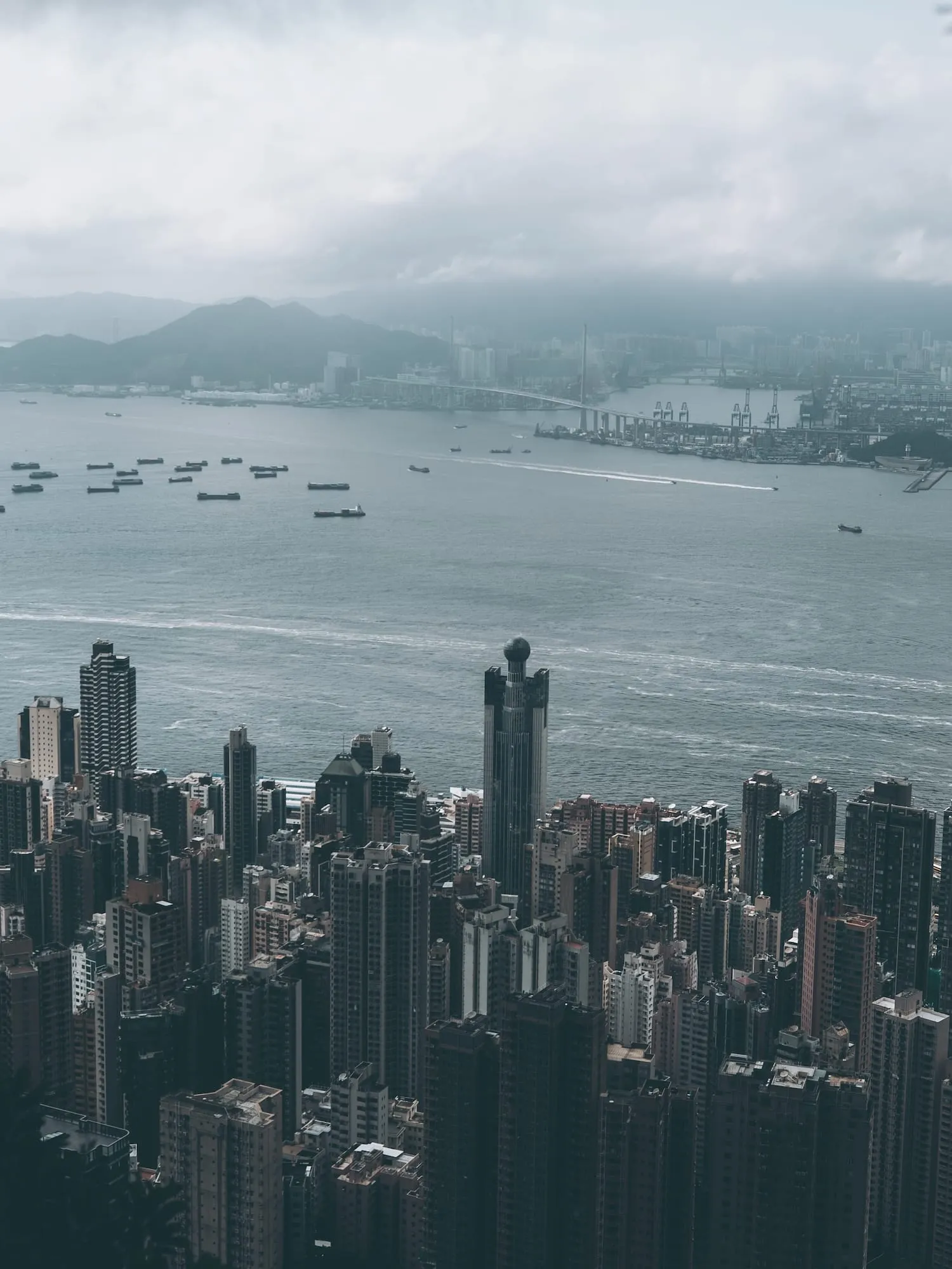 遠眺昂船洲大橋與海面上的貨輪